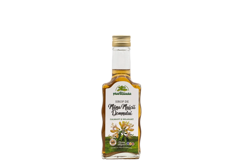 Sticlă cu sirop natural din flori de Mana Maicii Domnului, disponibil din Iunie 2026, cu ingrediente bio și proprietăți medicinale.