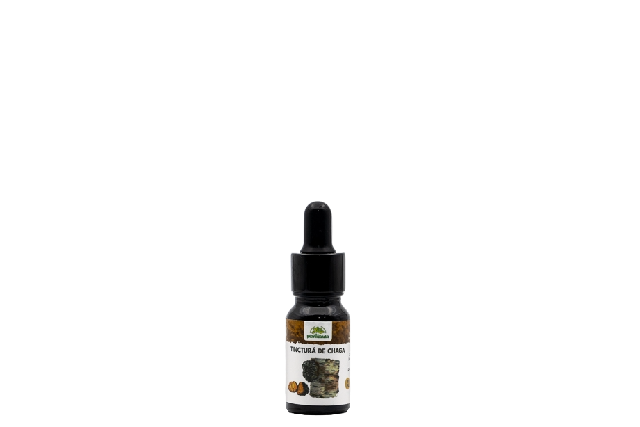 Sticluță cu tinctură de Chaga, supliment natural antioxidant și adaptogen pentru imunitate și sănătate cardiovasculară