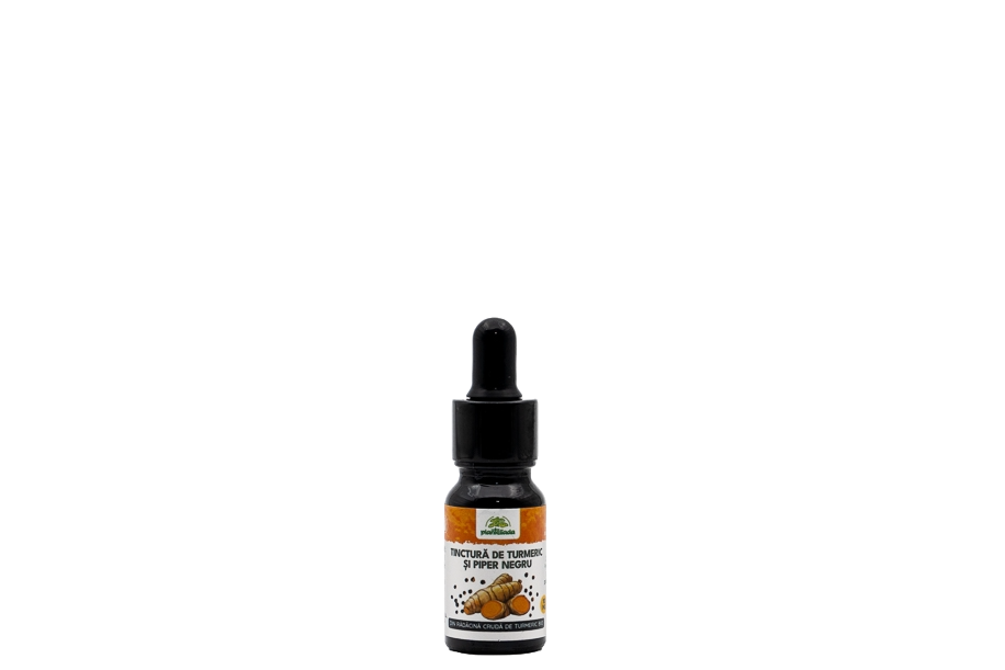 Sticlă cu tinctură naturală de turmeric bio și piper negru pentru efecte antiinflamatorii și analgezice