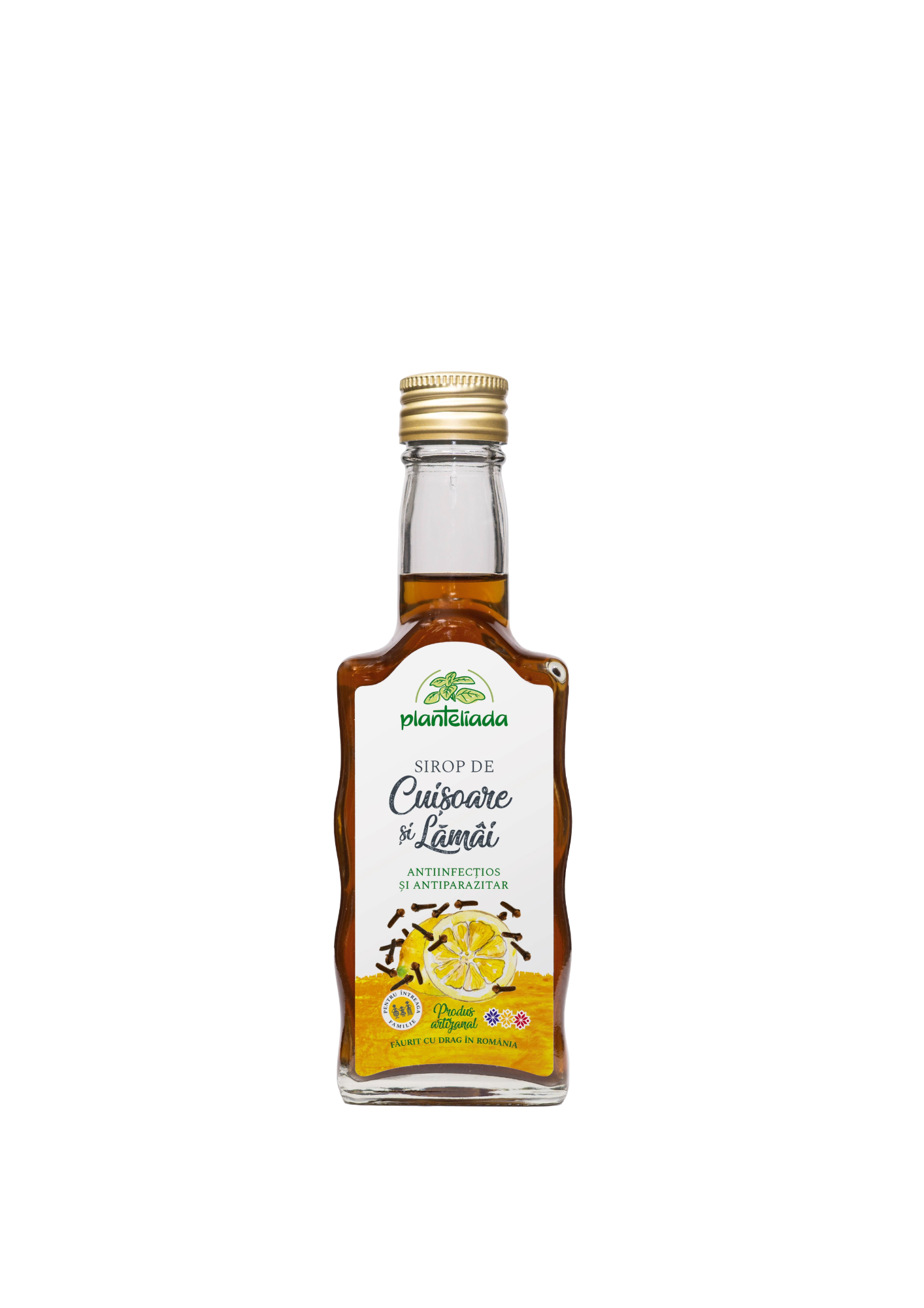 Sticlă de sirop bio de cuișoare și lămâi cu ingrediente naturale pentru imunitate și digestie