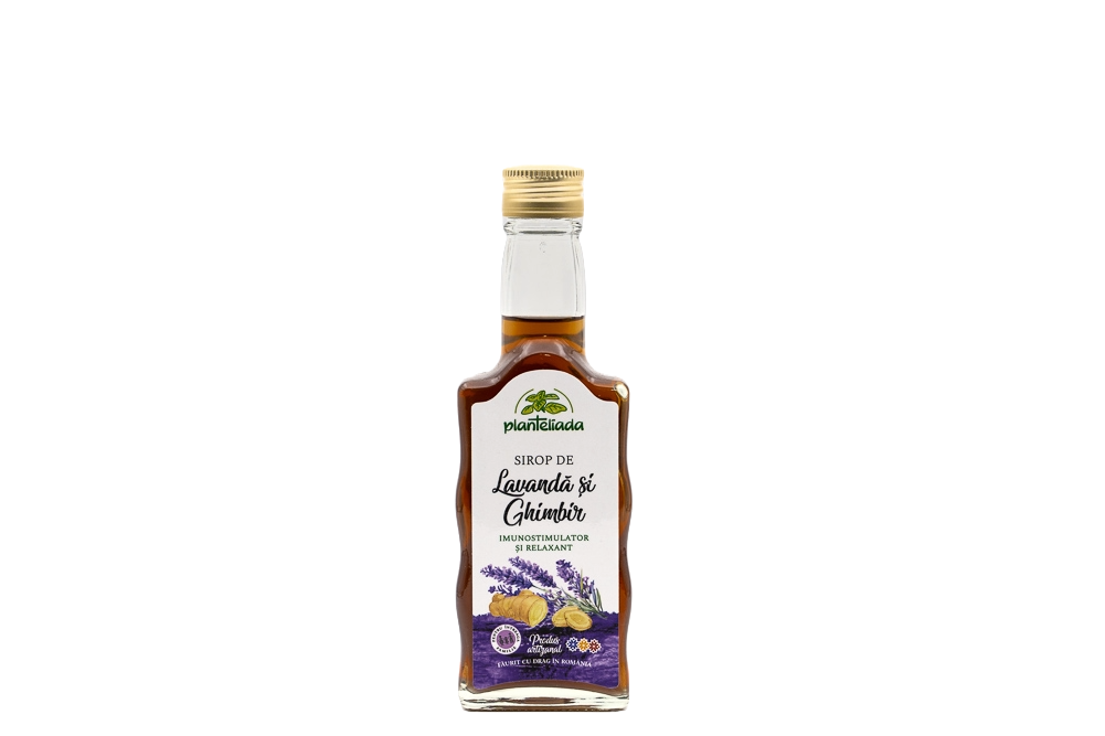 Sticlă cu sirop natural de lavandă și ghimbir, băutură reconfortantă și imunostimulatoare